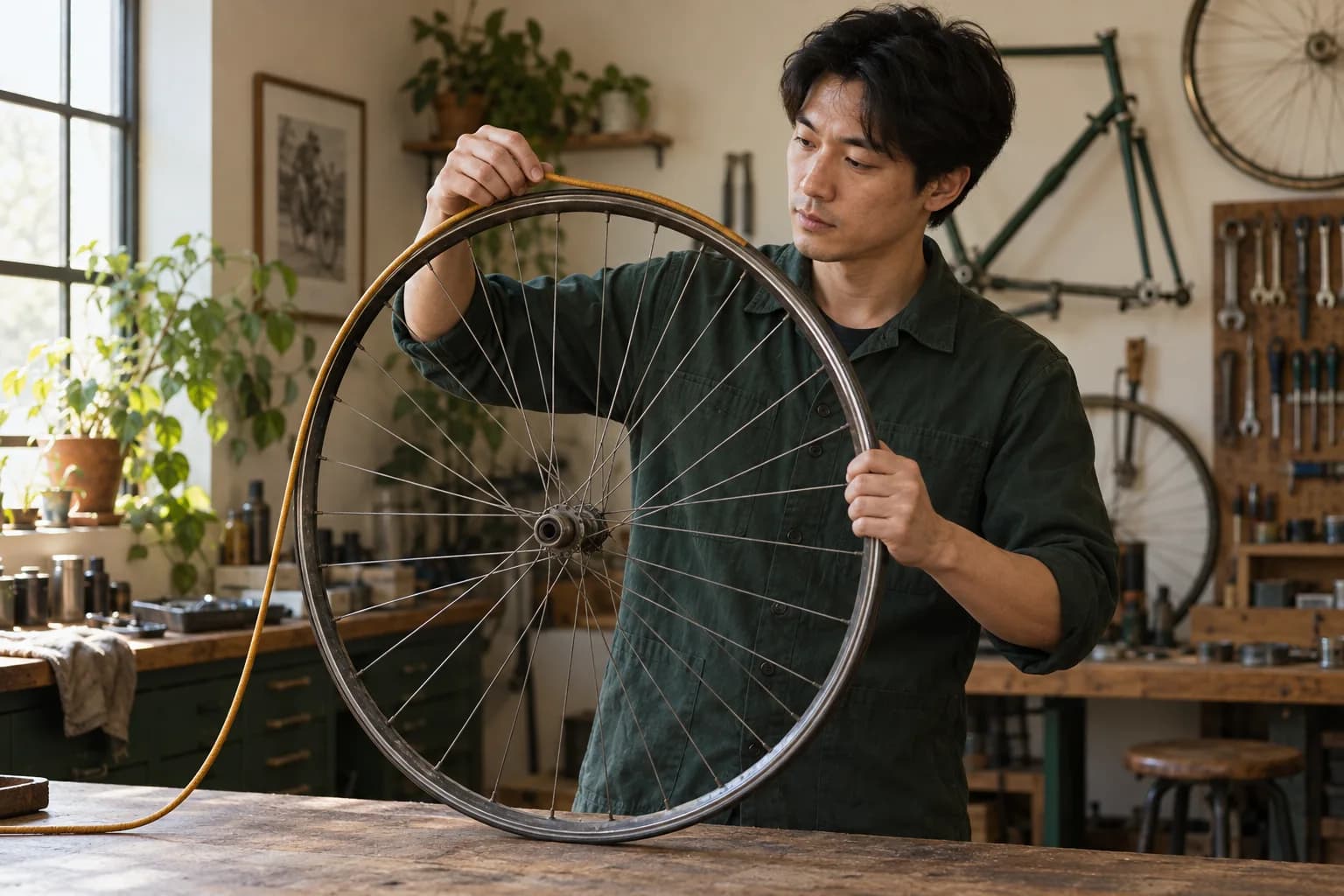 明るい自転車工房で成人の学習者が車輪の縁に黄土色のひもを沿わせている