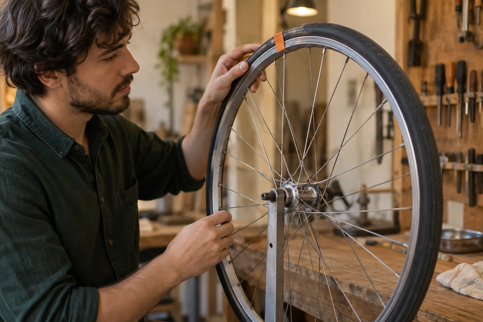 成人の学習者が縁にオレンジの布を付けた自転車の車輪を手で回している
