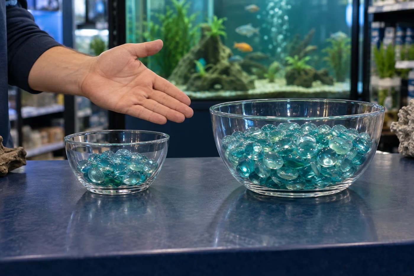 Una mano señalando dos cuencos de vidrio de distinto tamaño con piedras azules junto a un acuario