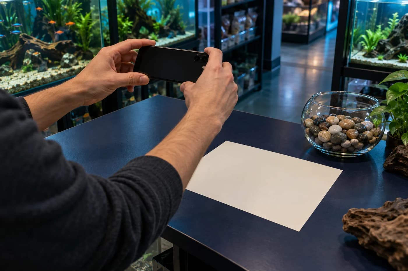 Manos sosteniendo un teléfono sobre una hoja completa en blanco en el mostrador de una tienda de acuarios, sin mostrar la pantalla