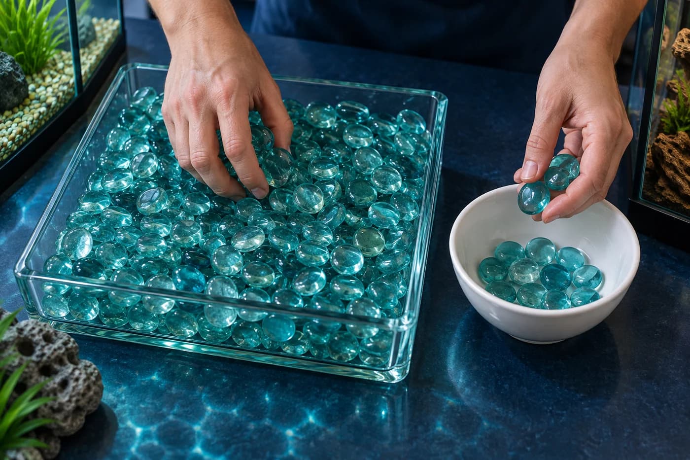 Manos de una persona adulta pasando piedras de vidrio azul de una bandeja transparente a un cuenco blanco sobre un mostrador oscuro