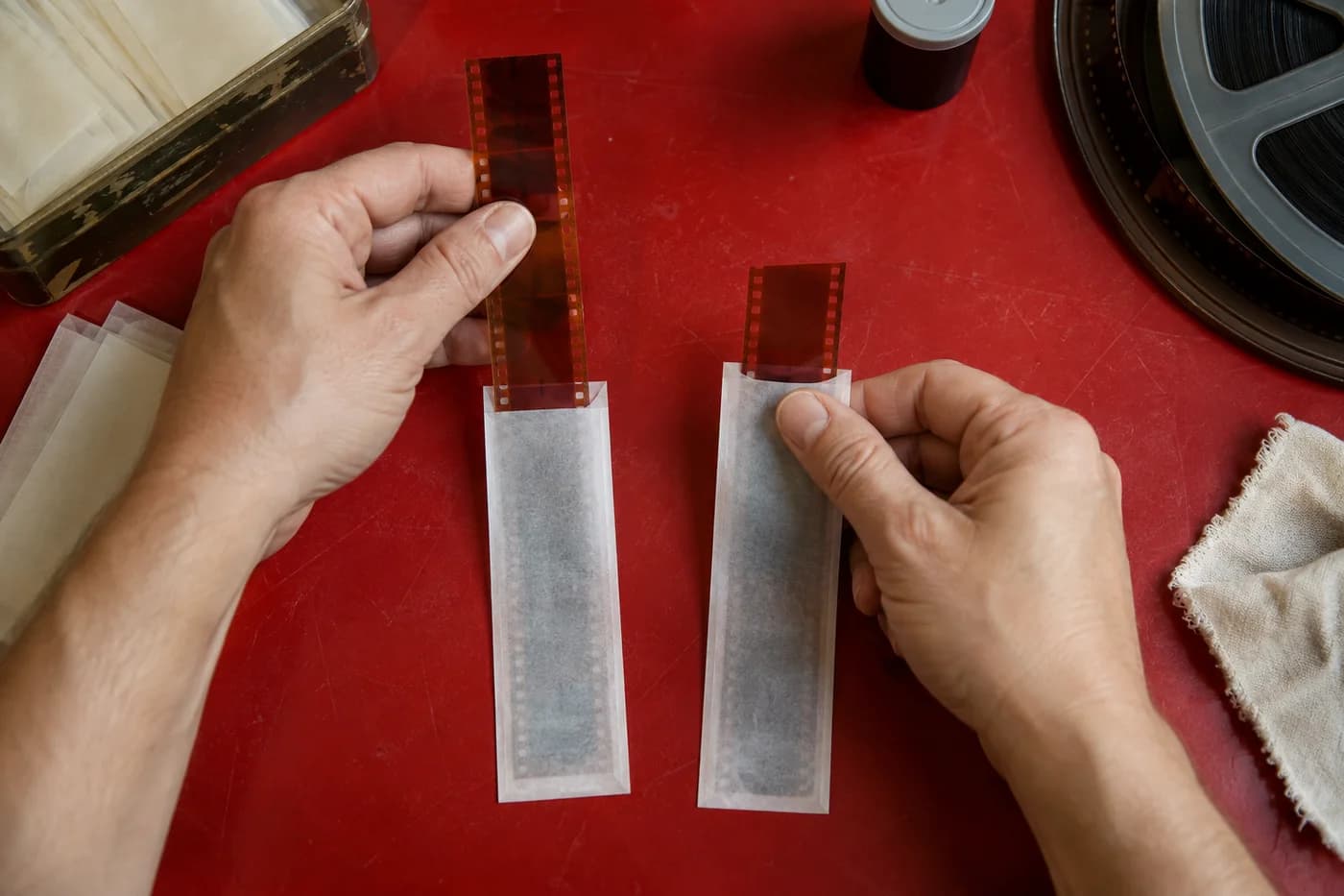 Adult hands placing translucent amber strips into equal-width ivory sleeves on a scarlet film worktable
