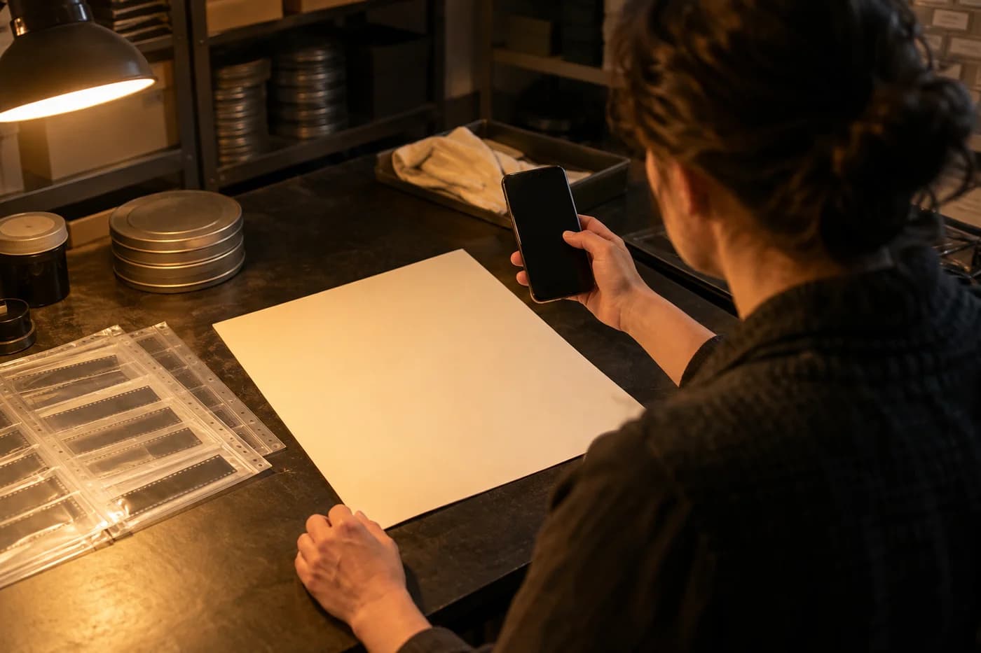 Learner holding a phone with a plain dark display above an entire blank ivory sheet beside film sleeves