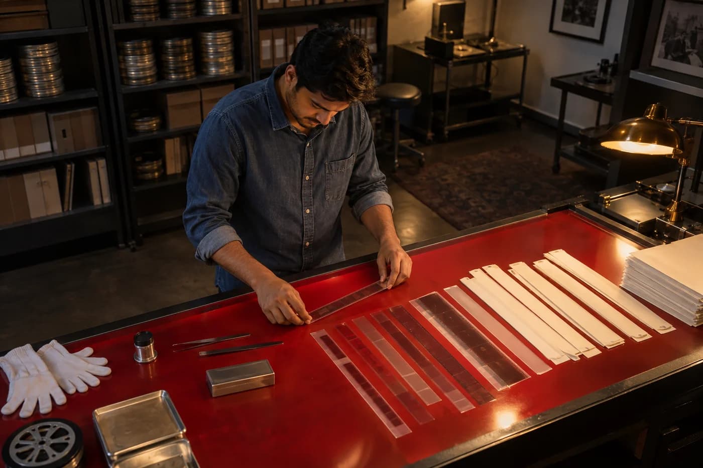 Adult man in cobalt denim aligning translucent strips beside ivory sleeves on a scarlet worktable in an evening film-preservation room