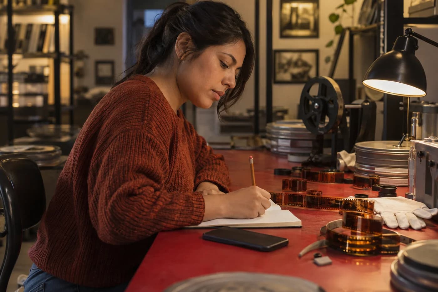 Adult woman in a rust sweater writing independently in a blank notebook beside film sleeves, with her phone face down