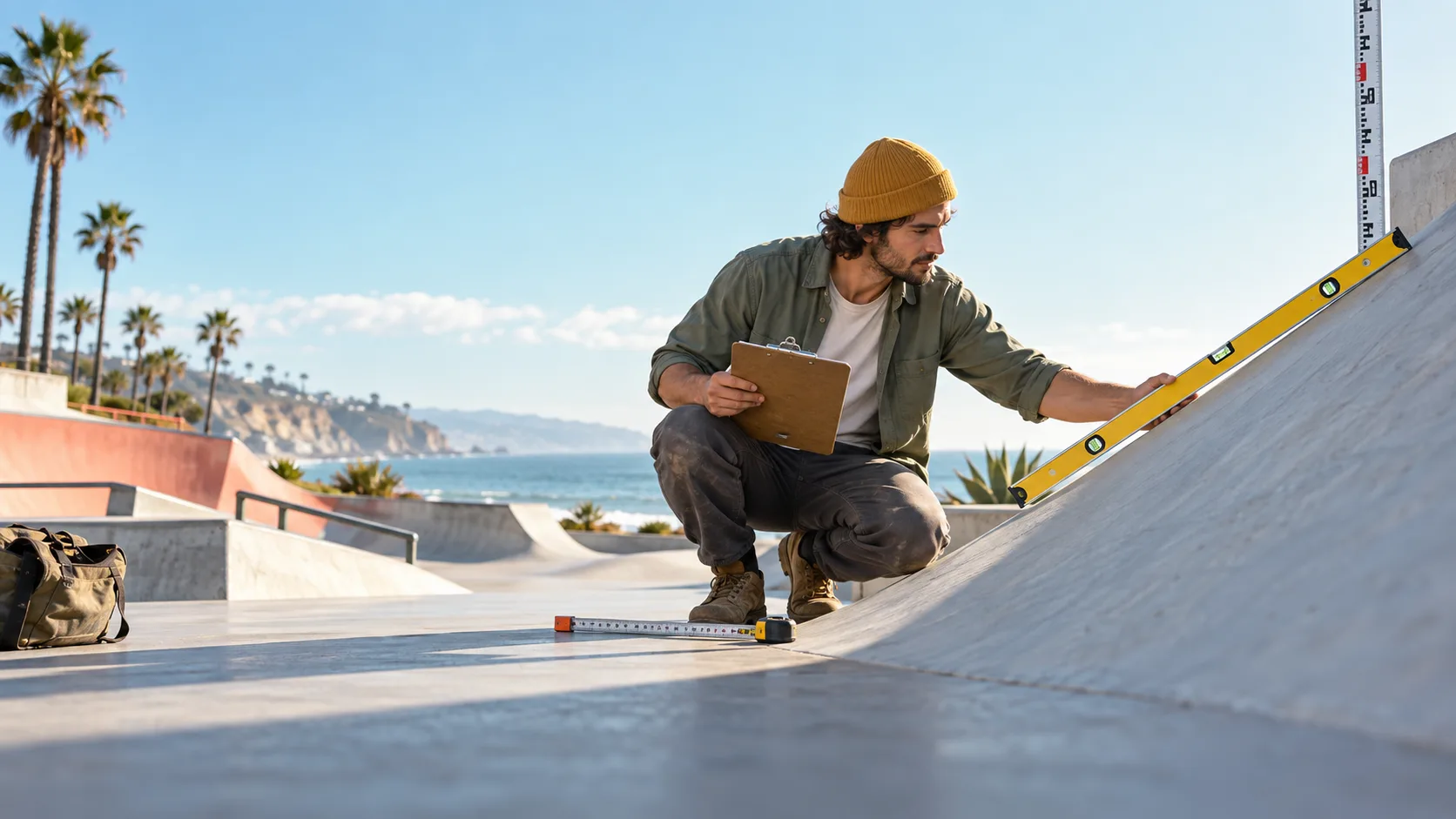 Adult designer measures the incline of a concrete skatepark ramp beside the coast to connect slope with rise and run