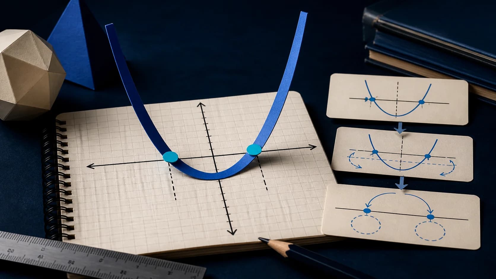 Quadratic graph with two roots beside factoring and quadratic formula steps