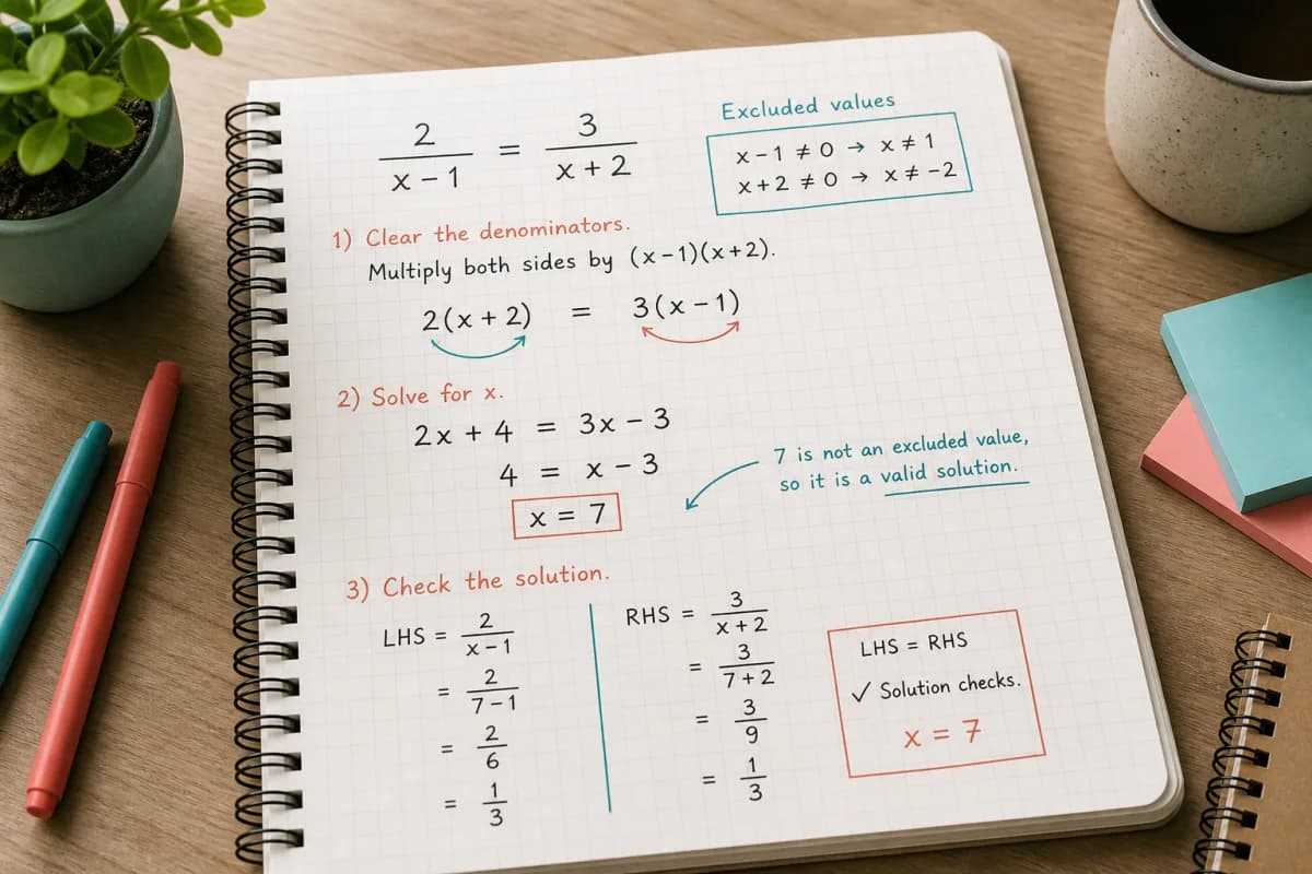 Notebook showing a rational equation, excluded values, denominator-clearing steps, and a substitution check