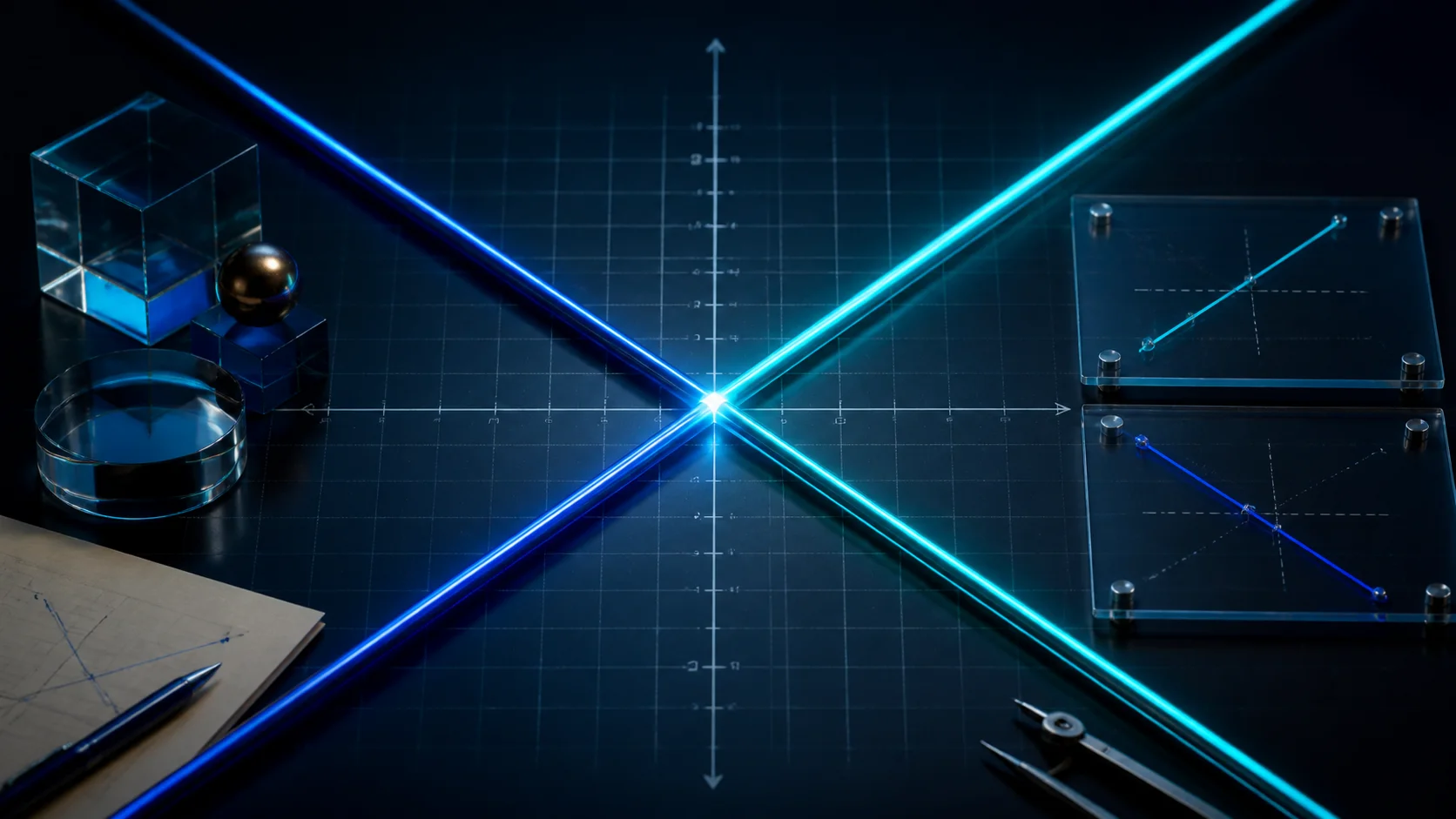 Notebook with two linear equations, elimination steps, and intersecting lines on a coordinate grid