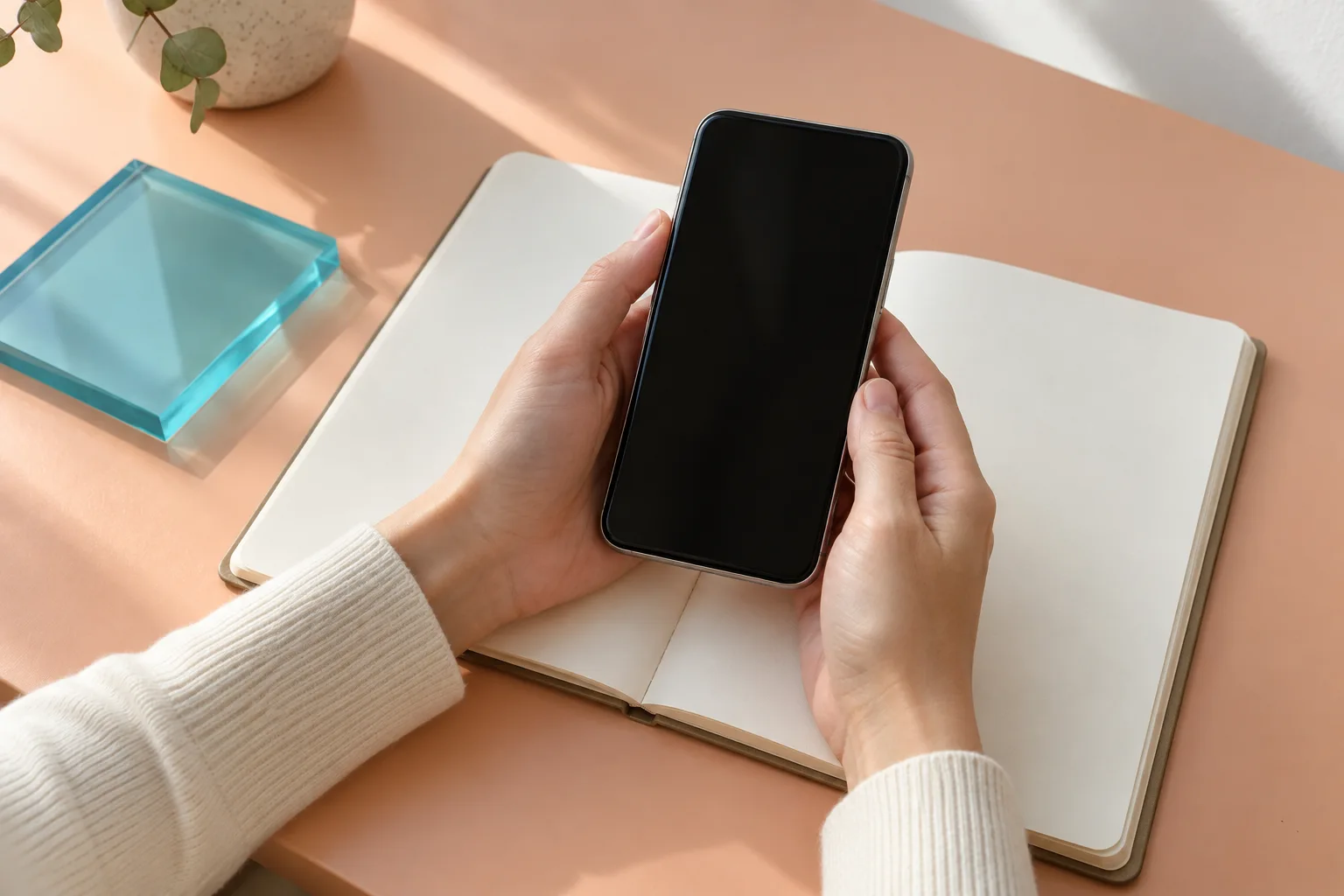 Manos adultas sostienen un teléfono sobre un cuaderno en blanco completamente visible junto a un panel acrílico cian