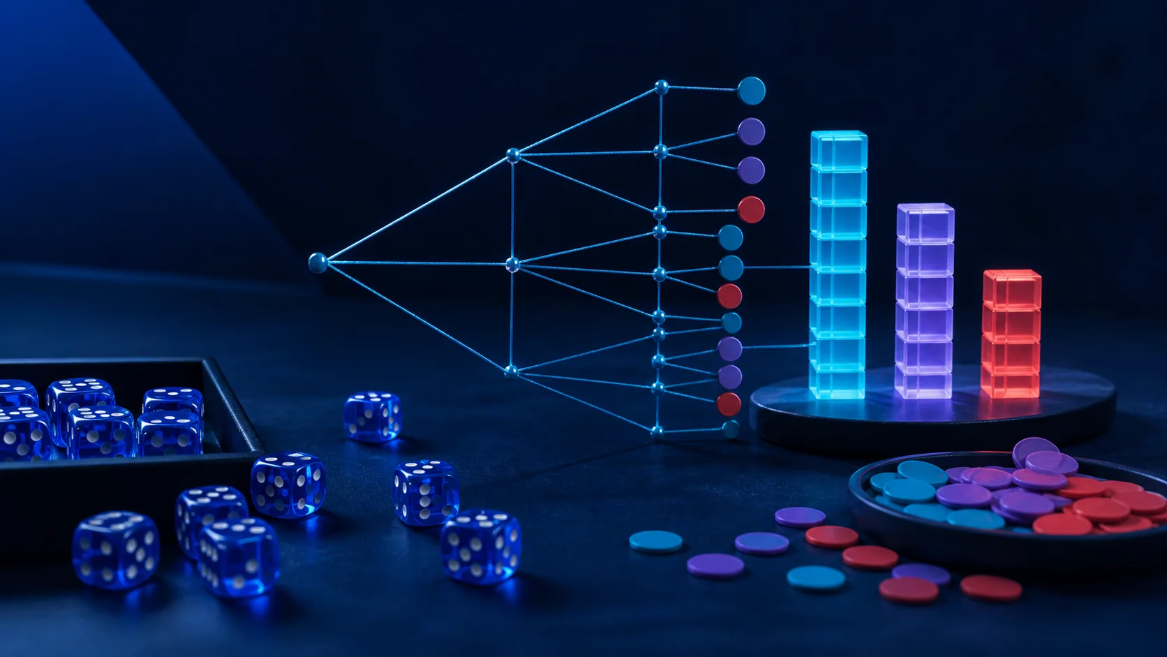 Statistics study workspace with a probability tree, distribution chart, summary table, and calculator