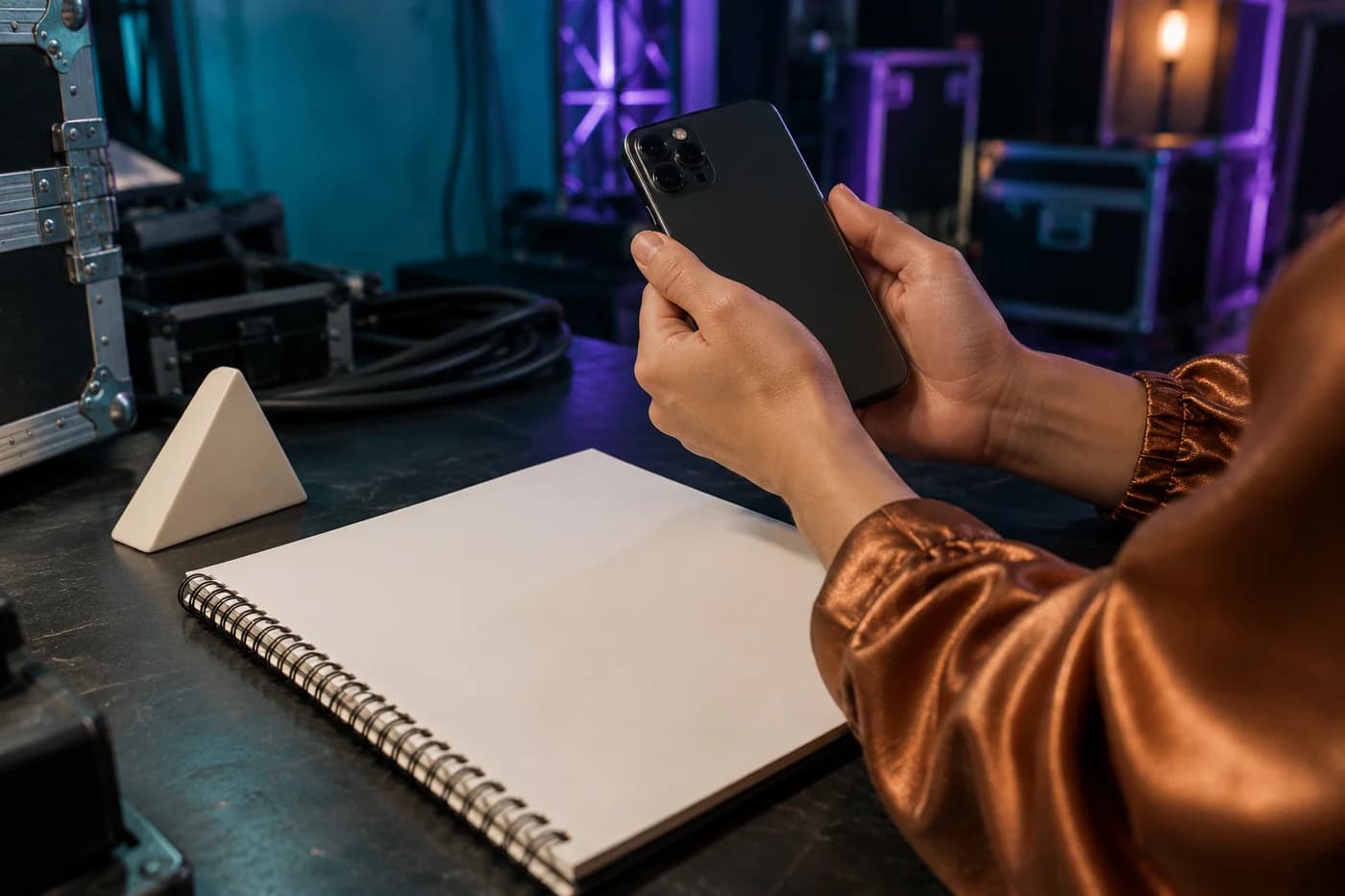 Manos adultas sosteniendo un teléfono visto por detrás sobre un cuaderno en blanco junto a una pieza triangular en un banco entre bastidores