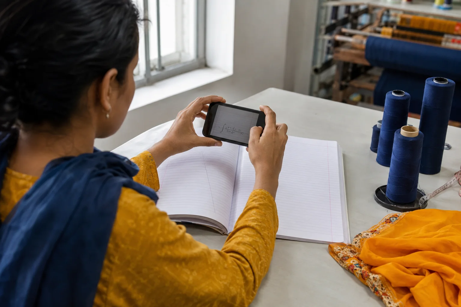 Adult learner photographing a complete handwritten integral in a bright textile studio