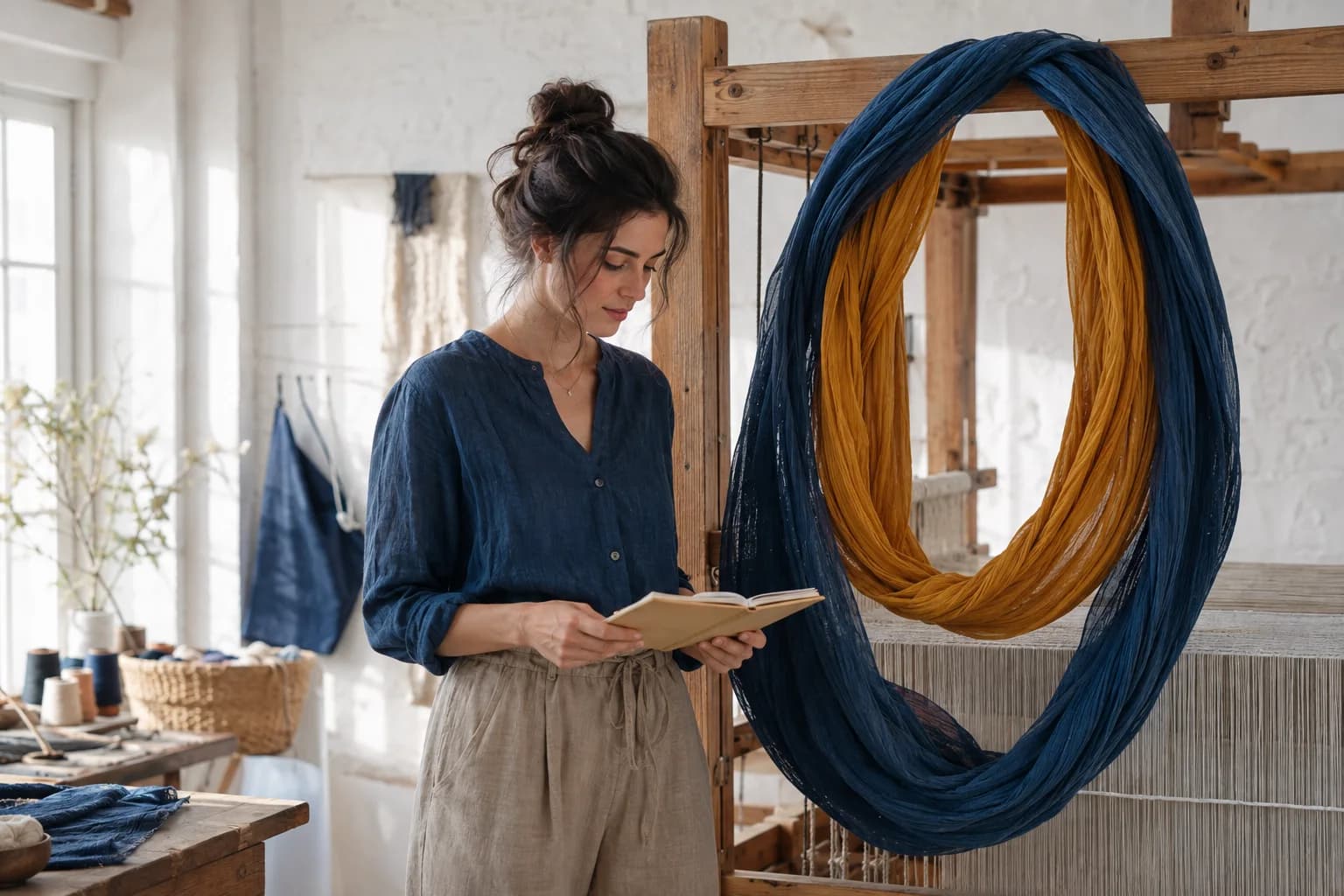 Adult learner beside nested indigo and saffron loops in a textile studio, a visual analogy for u-substitution integrals