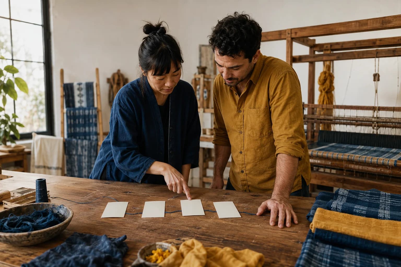 Two adult learners inspecting four blank process cards along an indigo thread in a textile studio