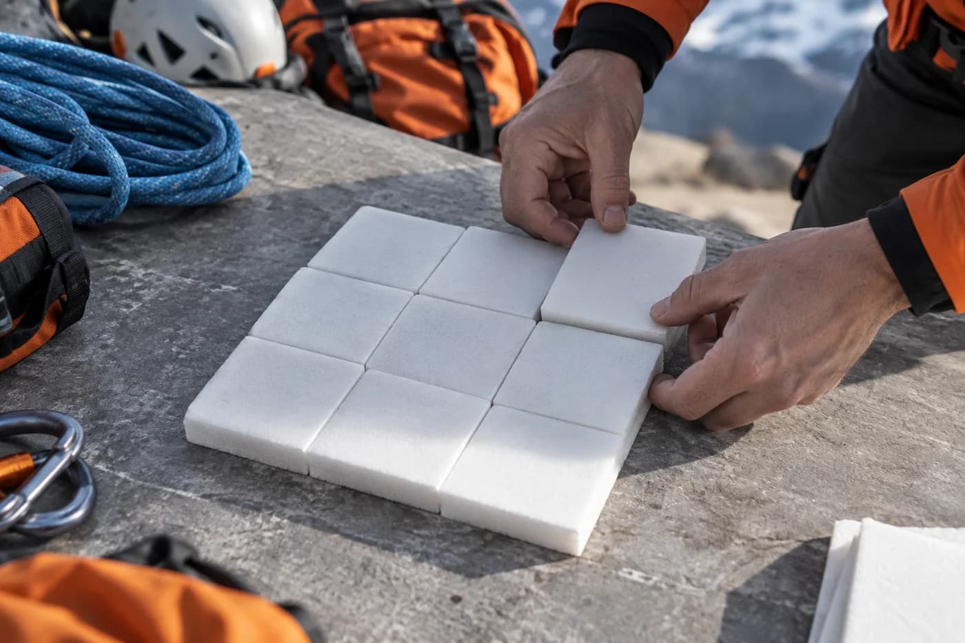 Hände ordnen kleine weiße quadratische Schaumstoffplatten auf einer grauen Arbeitsfläche im Materialdepot an