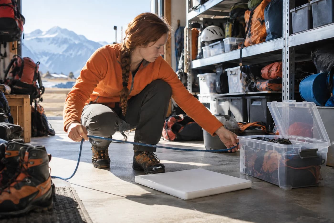 Adult woman with a copper braid comparing blue cord, a flat foam panel and a clear crate in a mountain-rescue depot