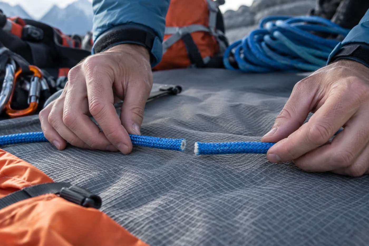 Erwachsene Hände legen zwei unbeschriftete blaue Schnüre auf einer grauen Packmatte aneinander