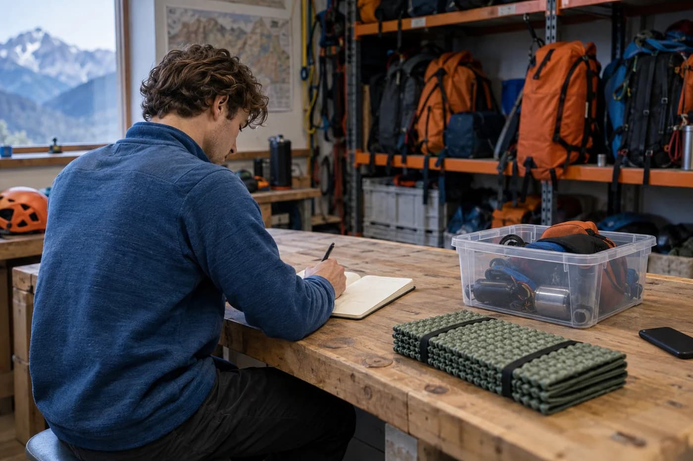 Junger erwachsener Mann im blauen Pullover rechnet selbstständig in einem Heft neben einer Packmatte und transparenten Kiste, das Telefon liegt mit dem Display nach unten