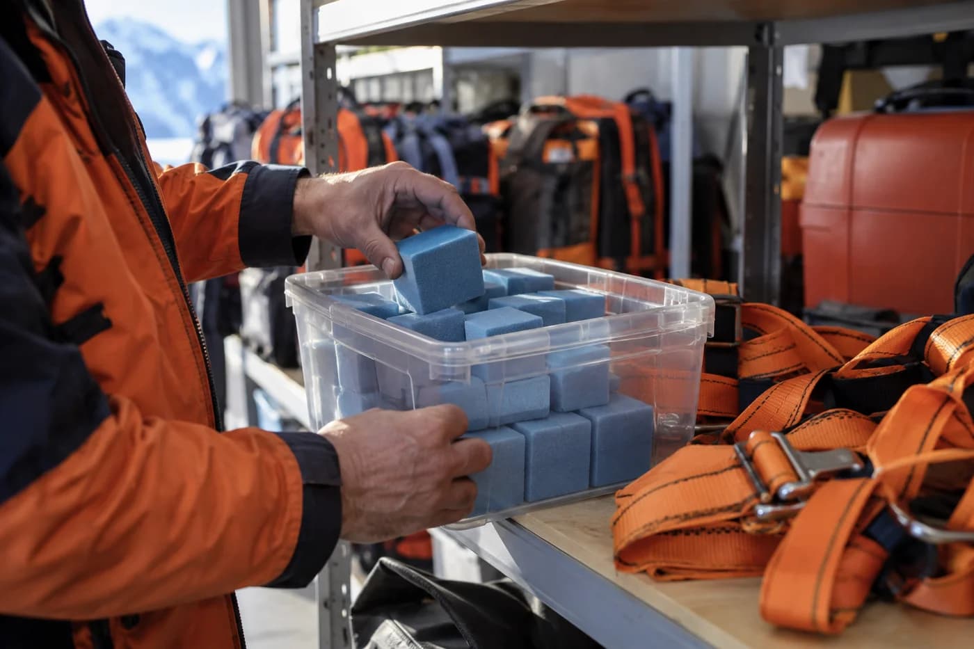 Erwachsene Hände stapeln blaue Schaumstoffwürfel in mehreren Lagen in einer transparenten Kiste im Materialdepot