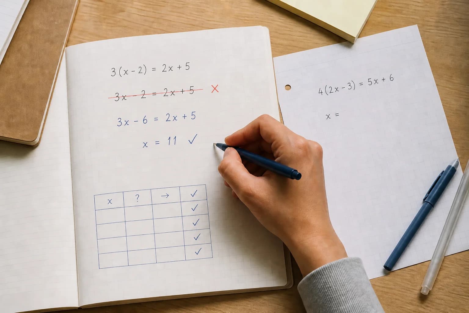 Study desk with a corrected algebra problem, a math error log, cause labels, and an independent retry question
