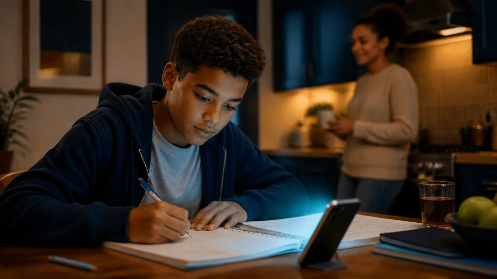 Parent and teenager using a math homework helper to discuss a problem without copying