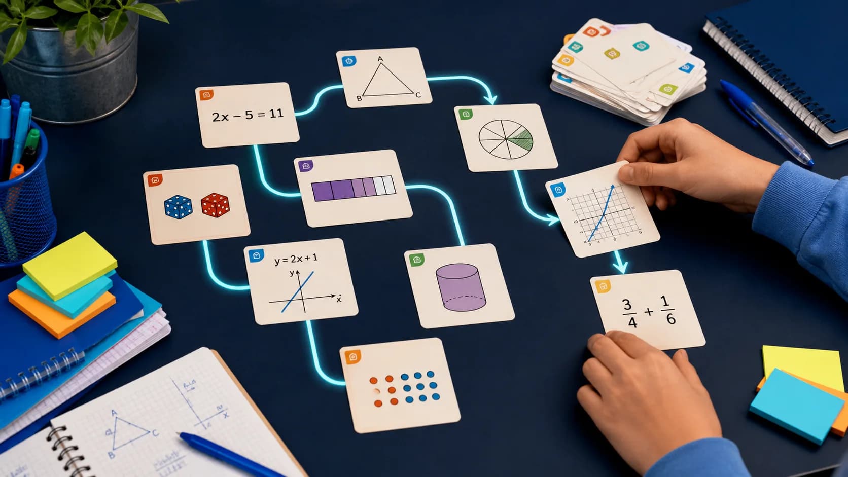 Study desk with a mixed set of algebra, graph, geometry, and percentage practice problems