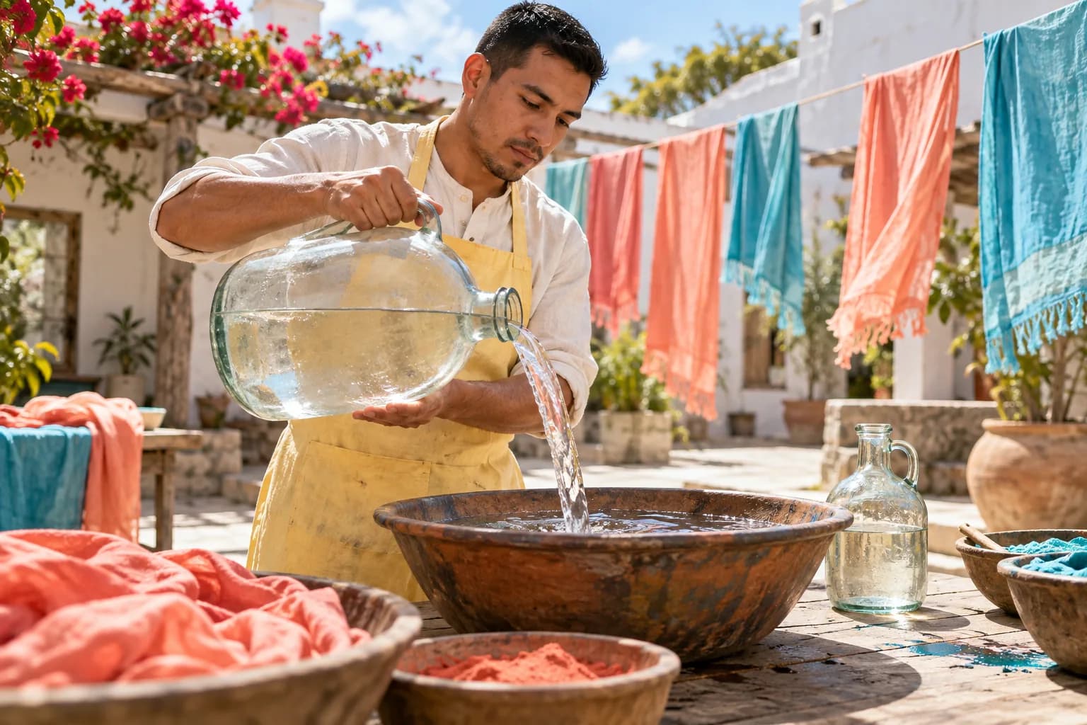 Adult man in a yellow apron pours water from a large glass jug in a bright textile dye courtyard