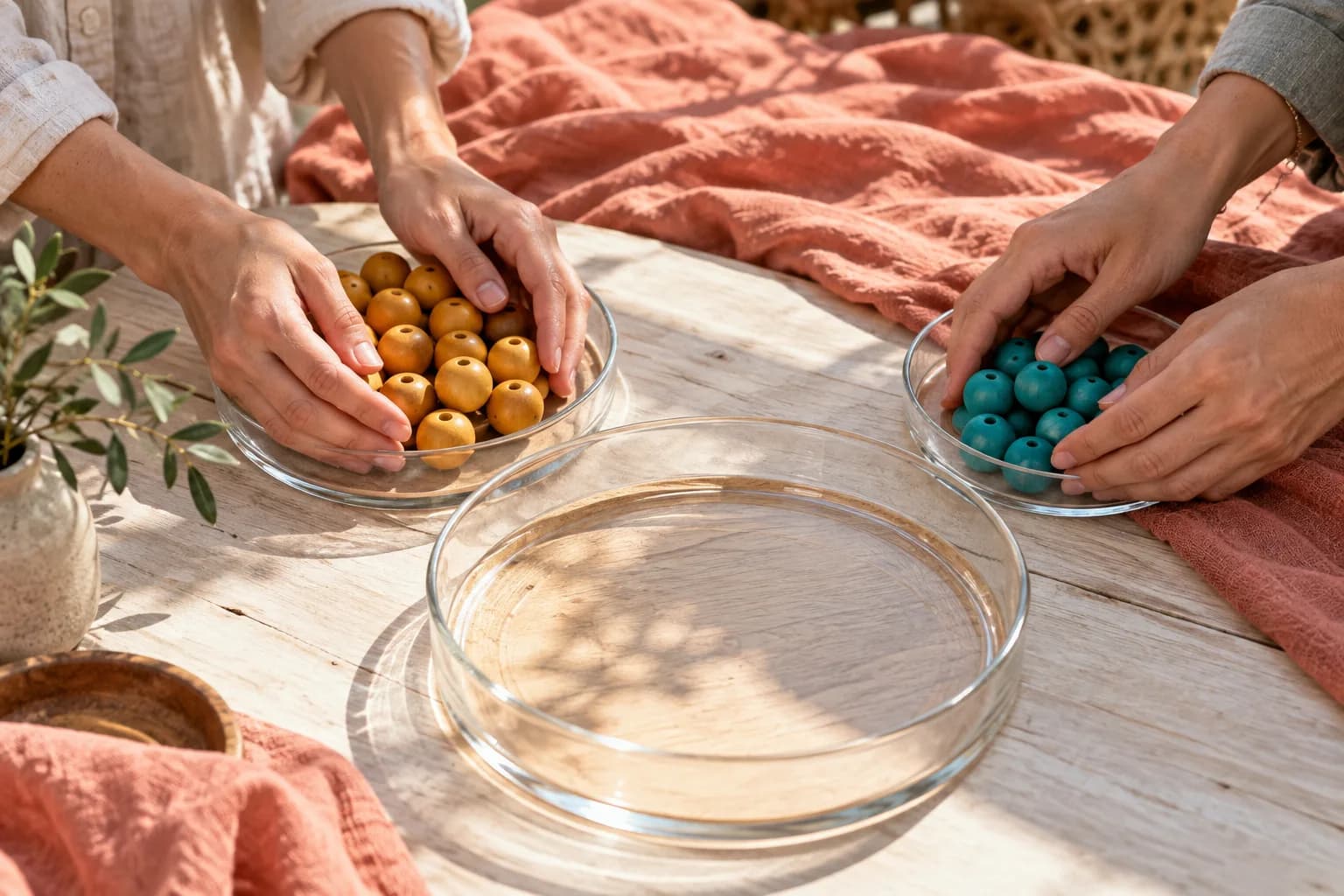 Adult hands gather unequal groups of ochre and turquoise beads from separate shallow trays