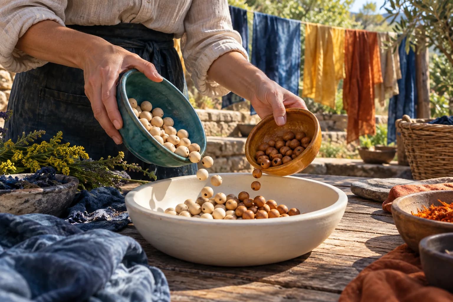 Adult hands combine differently sized bead collections from colored bowls into one cream bowl
