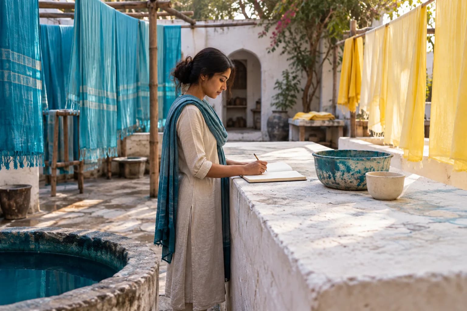 Adult woman independently studies a notebook at a courtyard bench beside plain containers and hanging textiles