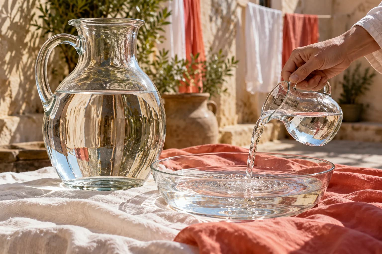 A small and a large unmarked glass jug hold different water quantities beside a clear bowl