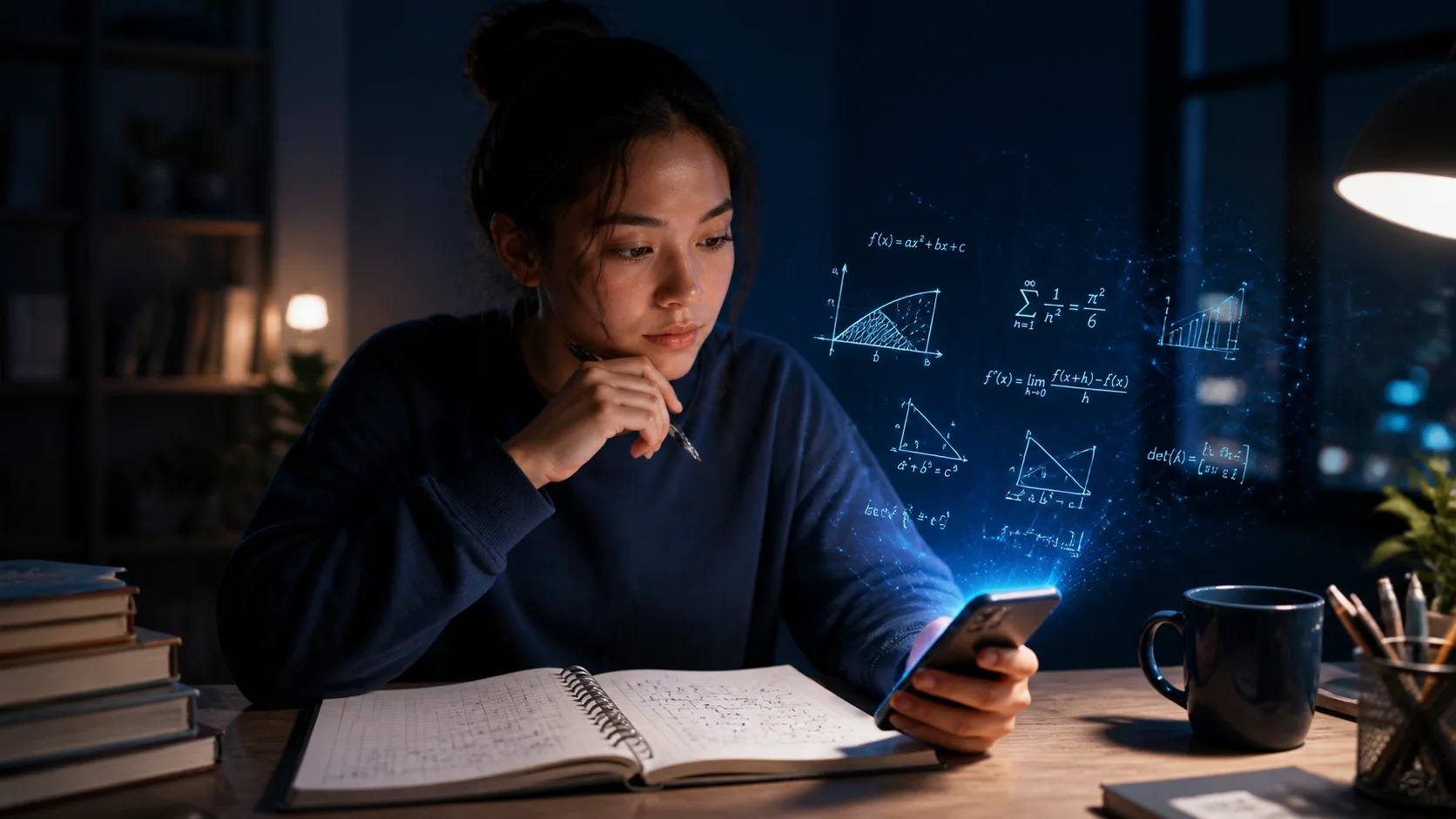 University students using an AI math homework helper to discuss a difficult calculus step